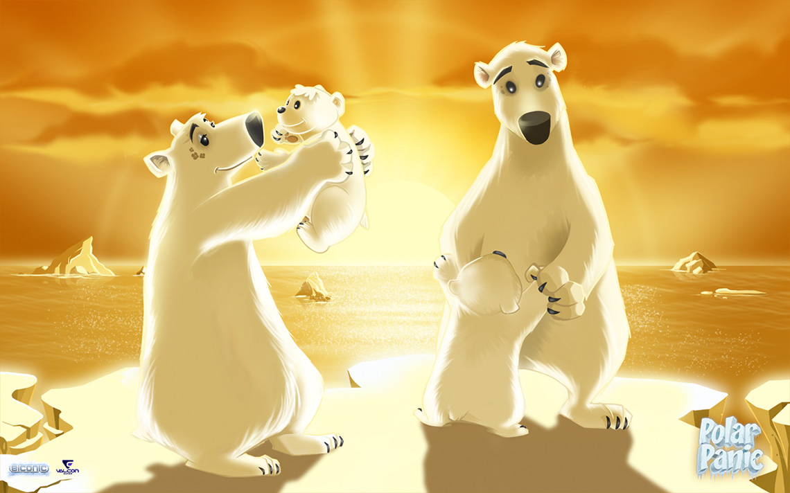 Cartoon polar bear family at sunset