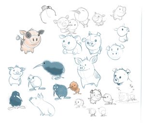 sketches of a piglet and a kiwi
